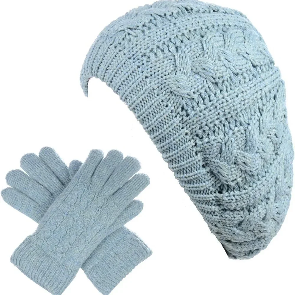 Women Cozy Cable Knit Beret Hat Set Fleece Lined Fall Winter Accessories
